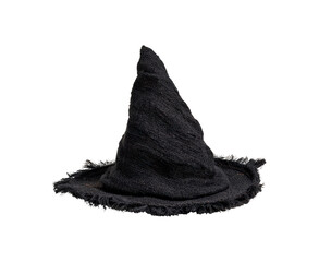 Black worn witch hat with tattered edges on transparent background, PNG