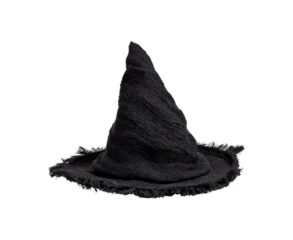 Black worn witch hat with tattered edges on transparent background, PNG