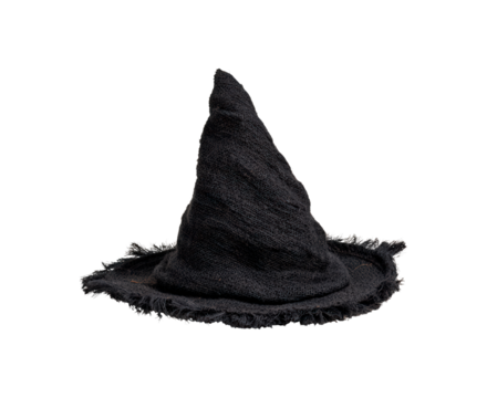 Black worn witch hat with tattered edges on transparent background, PNG