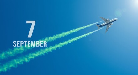 Airplane flying in a blue sky with green contrails, celebrating the date of September 7th.