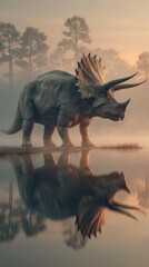 Obraz premium Triceratops standing near a misty lake during early morning hours in a prehistoric landscape