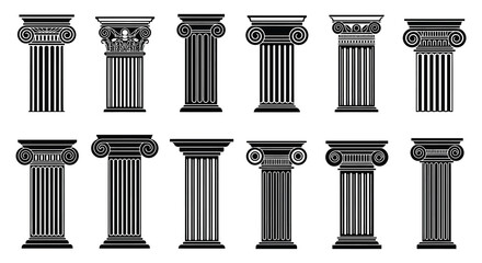 A set of various ancient greek and roman architectural columns and pillars
