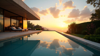 Fototapeta premium Modern Luxury Villa Pool at Sunset with Ocean View