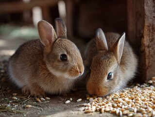 Fototapeta premium Two adorable rabbits eating wheat grains in a barn