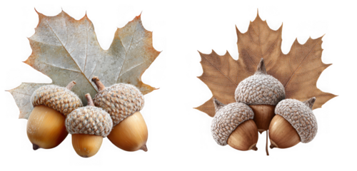 Autumn acorns and leaves, a classic fall decoration isolated on transparent background, perfect for thanksgiving season and harvest designs