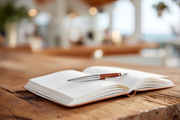 Fototapeta premium Open journal with a pen on a rustic wooden table in a bright and airy space