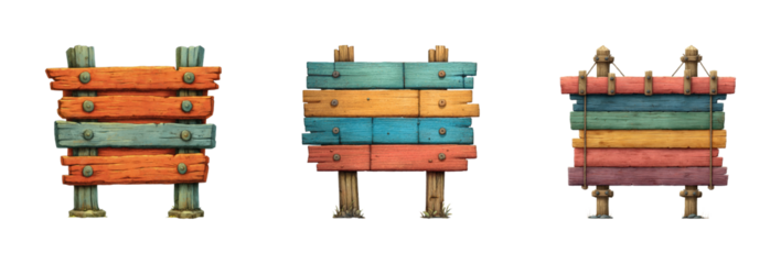 Colorful wooden signs displaying unique styles in a rustic environment PNG set, cut out, isolated on transparent background
