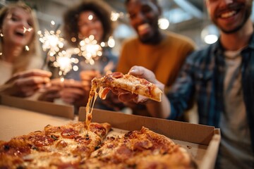 Exciting product launch event with friends enjoying pizza and sparklers at a cozy venue