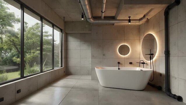 modern loft-style bathroom animation featuring minimalist design with natural materials concrete textures illuminated by soft light through circular decor green accents captured sleek realistic 3d