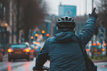 Cyclist signaling turning intentions while navigating an urban streetscape