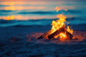 Campfire on sandy beach during the summer and near the sea