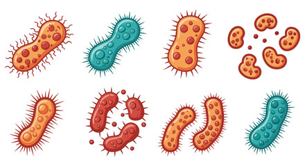 Colorful illustration of various bacteria shapes and types on white background