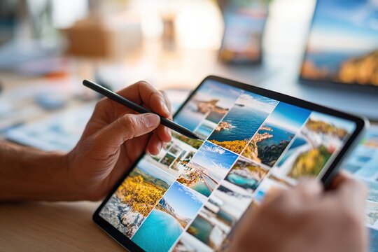 Creative professional editing process on a tablet with scenic photos
