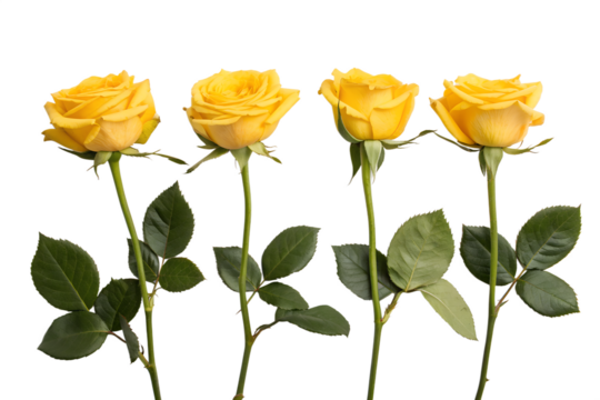 Four Beautiful Yellow Rose Flowers Blooming with Green Stems and Leaves, Isolated on White Background