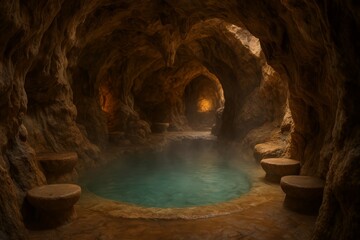 Steaming turquoise pool hidden within a mysterious cave network. Natural hot springs provide a serene escape.