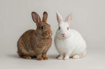 Fototapeta premium Brown and white rabbits posing studio, neutral background