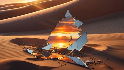 Shattered mirror pyramid in desert reflecting sunset sky surreal landscape