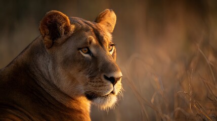 Obraz premium Lioness Staring at Sunset