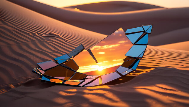 Orange tent and campfire in desert dunes at sunset adventure scene