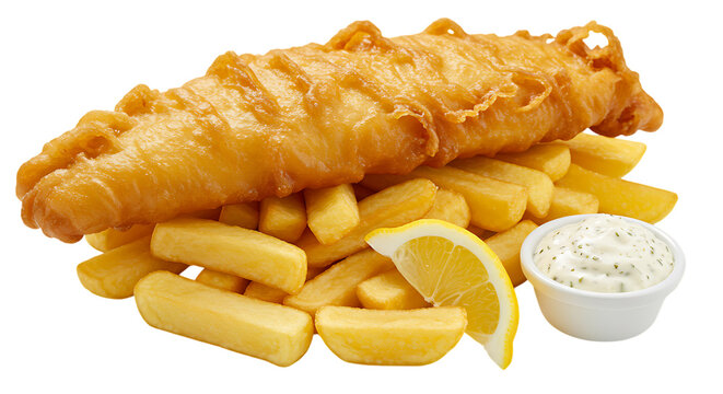 Delicious battered fish and chips with tartar sauce isolated on transparent background