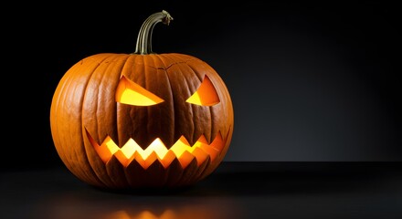 Glowing Halloween Jack-o'-Lantern Pumpkin on Black Background