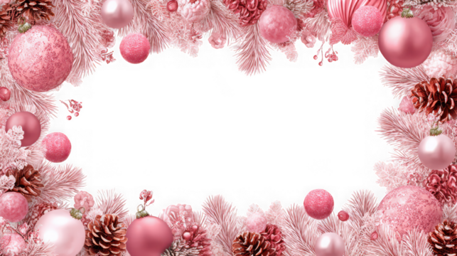 Elegant pink christmas frame with ornaments, pine cones, and glitter, isolated on transparent background, perfect for holiday cards and festive designs