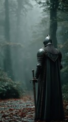 Naklejka premium Warrior in ancient armor stands in misty forest at dawn with sword by side
