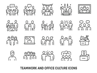 Teamwork and office culture icons isolated on white background