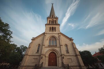 Fototapeta premium Church facade, city, sunset, clouds, steps, travel