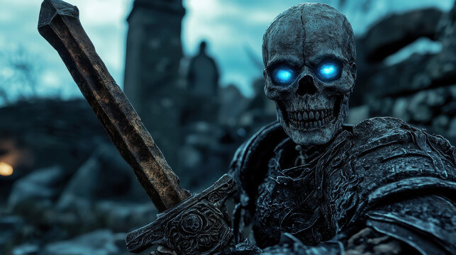 Undead skeleton warrior with glowing blue eyes, gripping a rusted sword, standing in an ancient graveyard &mdash;ar 16:9 
