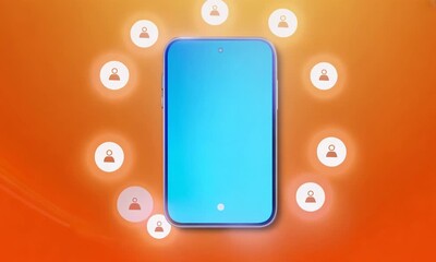 A glowing blue smartphone appears on an orange background. User icons radiate, symbolizing digital connection and community. - Powered by Adobe