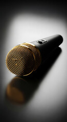 Obraz premium Close up of a gold and black microphone on a dark background with spotlight