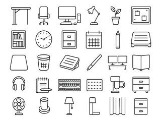 Collection of office supplies and furniture isolated on white background