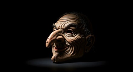 Creepy Halloween Witch Mask with Large Nose on Black Background