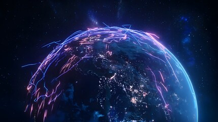 Earth rotating slowly in space with glowing neon energy lines connecting it to futuristic power stations on continents