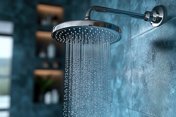 Round showerhead with flowing water in bathroom