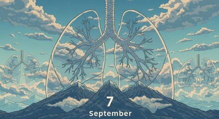 Artistic representation of lungs overlaid on a mountain landscape with clouds, featuring the date September 7th.