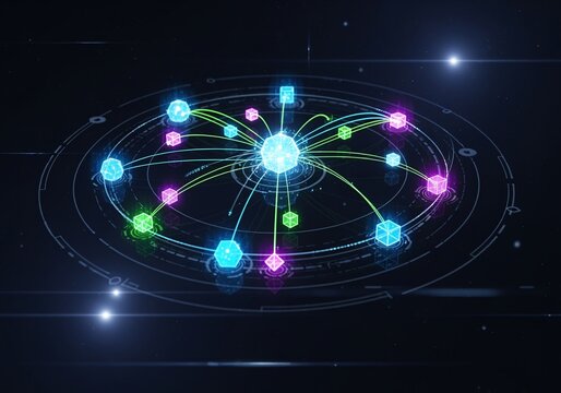 A glowing, abstract digital network visualization with interconnected nodes and radiating lines against a dark, starry background, representing data flow and connections. - Powered by Adobe