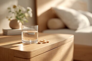 Relaxing bedside setup with tablets and a glass of water in natural light