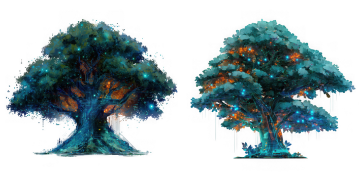 Two majestic trees with lush green foliage, standing tall and proud against a pristine white backdrop isolated on transparent background