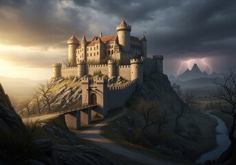 A majestic castle sits atop a hill under a stormy sky, with lightning striking in the distant mountains, connected by a stone bridge.