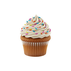 Delicious vanilla cupcake with rainbow sprinkles frsting isolated on white background for sweet dessertconcept