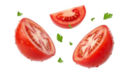 Freshly cut roma tomatoes and parsley leaves floating in mid air isolated on transparent background