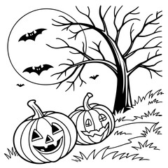Halloween spooky night with pumpkins and flying bats. coloring page black and white