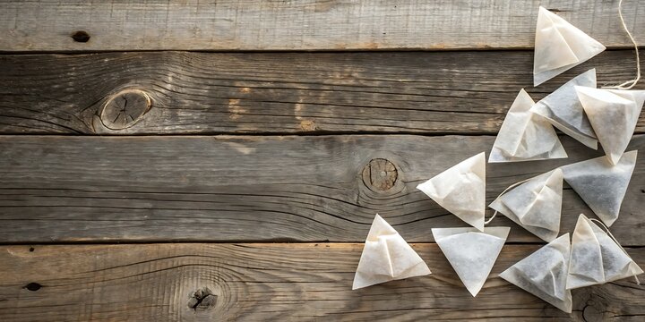 Tea bags on a rustic wooden table background with string and paper packaging