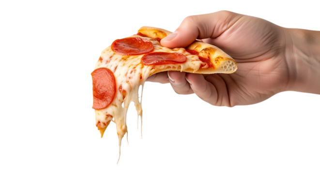 Hand holding a dripping slice of pepperoni pizza with melted cheese isolated on transparent background - Powered by Adobe