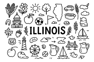 Illinois doodle art with iconic symbols and fun elements in black and white