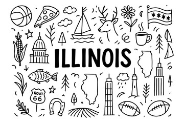 Obraz premium Illinois doodle art featuring state symbols and iconic landmarks in black and white