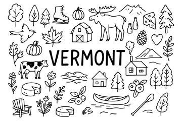 Vermont doodles: nature, winter fun, and rustic charm in simple black and white