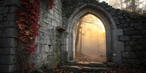 Ancient stone archway with red ivy leading to a misty forest at sunrise